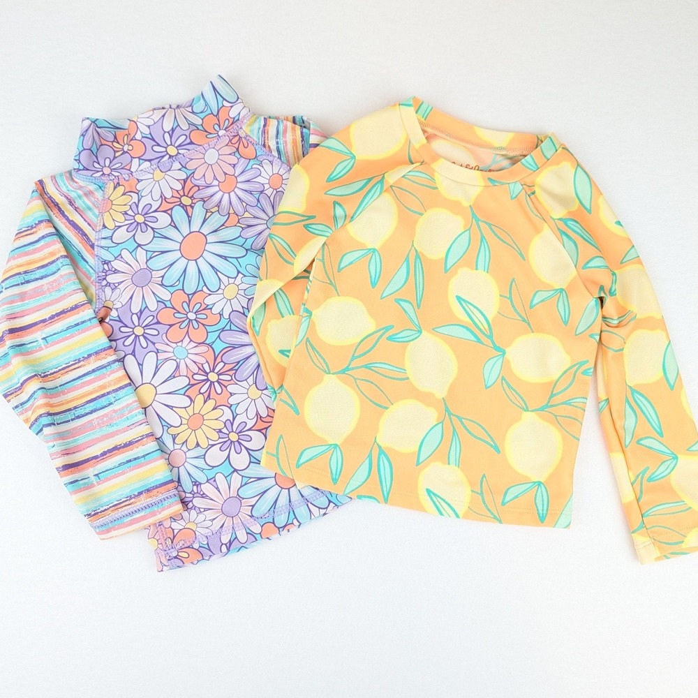 Bundle of 2 Girls 2T Long Sleeve Rash Guard Swim Tops, Floral & Lemon Print